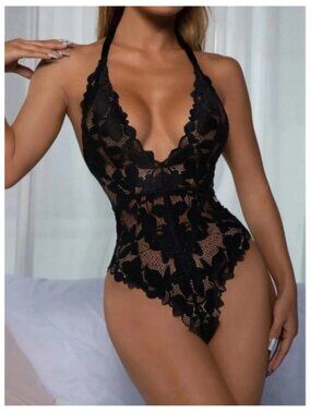 NWT Black Lace Halter Teddy Bodysuit Sheer Lingerie One Piece Thong Back - Large